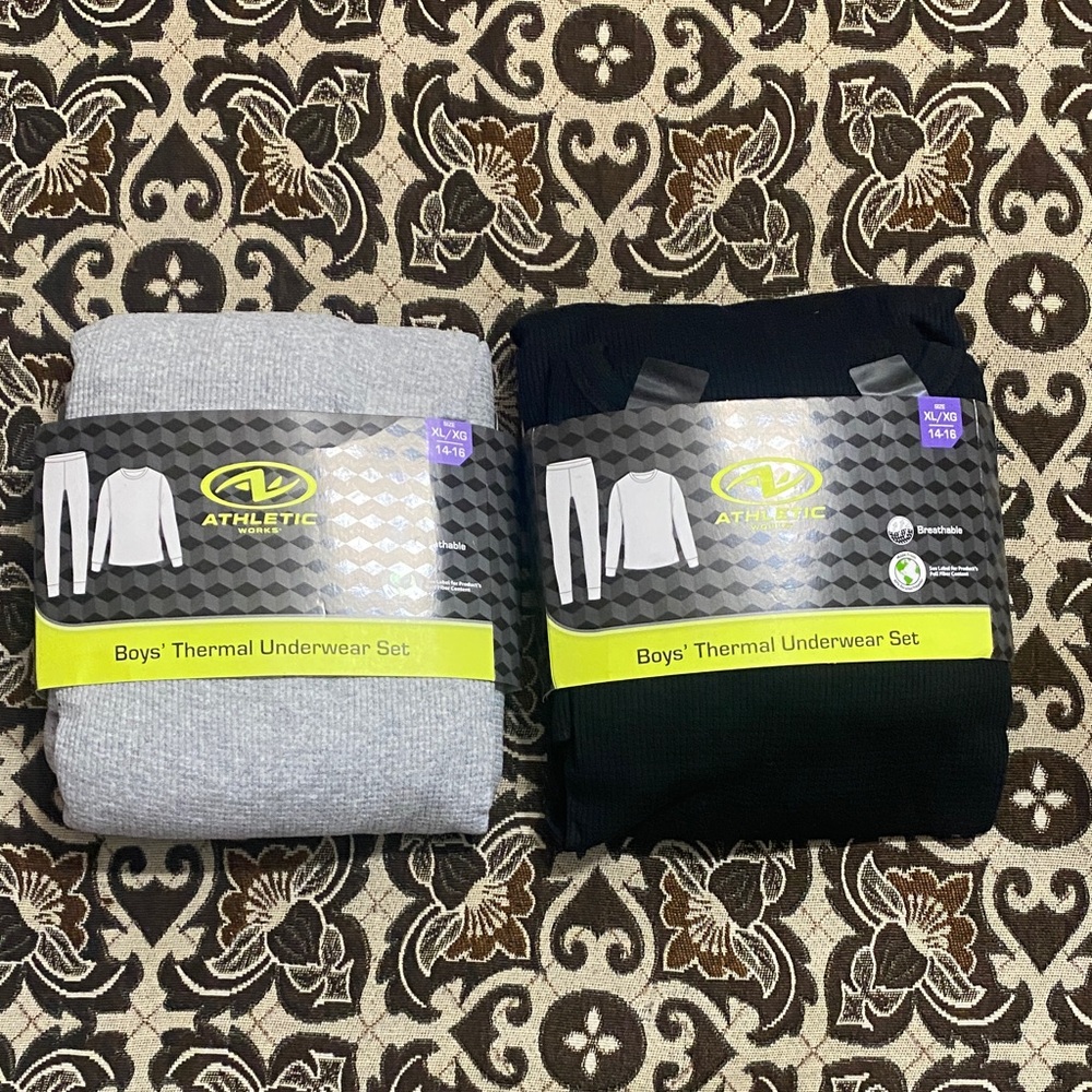 Athletic Works Boys Thermal Underwear Set (Top & Bottom) – Black or Gray –